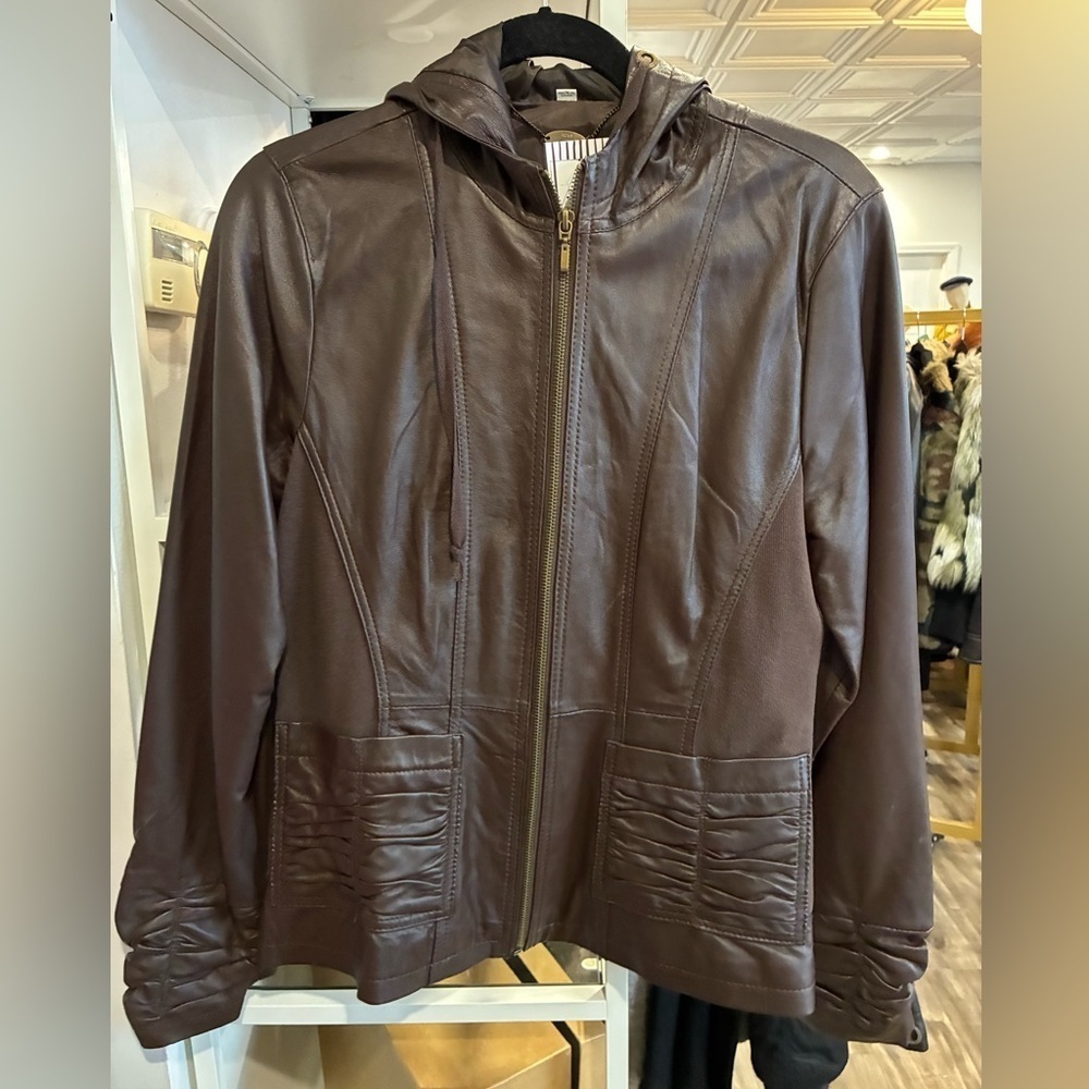 XCVI Brown Leather Hooded Jacket size M